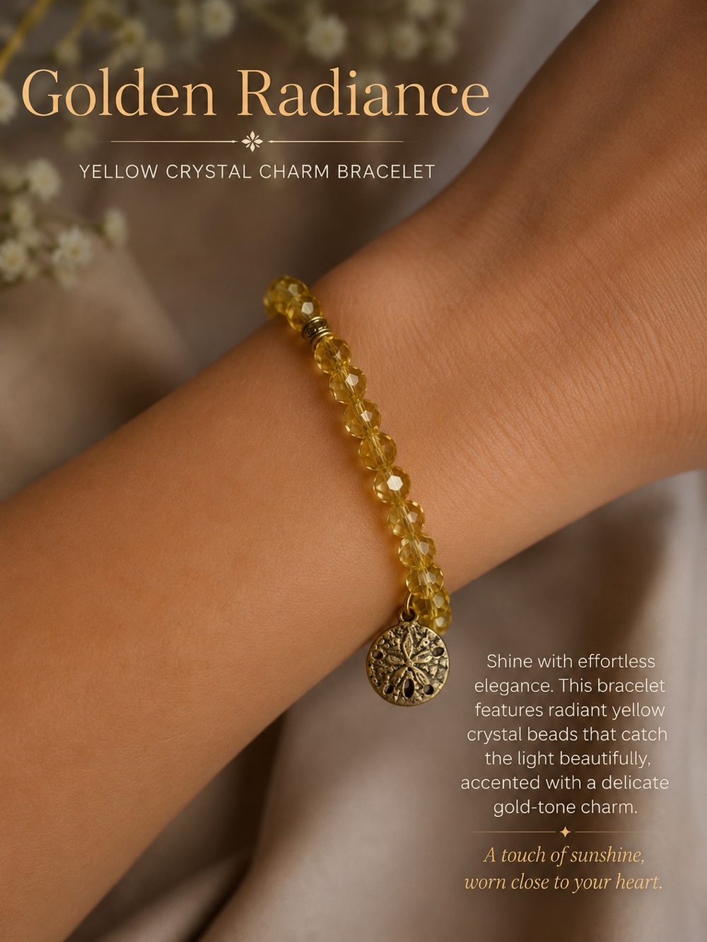 Yellow Crystal Beaded Stretch Bracelet with Sand Dollar Charm |